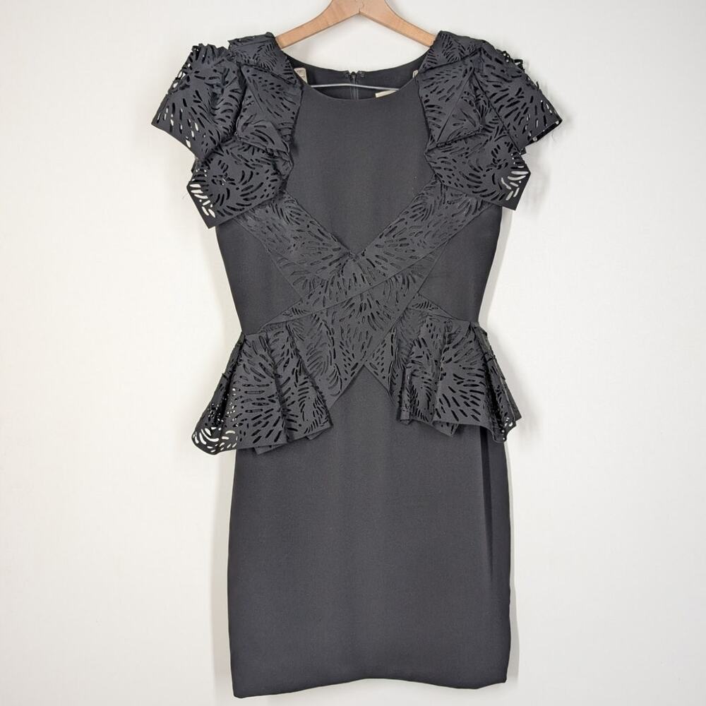 Marchesa Black Floral Laser Cut Ruffled Peplum Silk Cocktail Dress Size 6